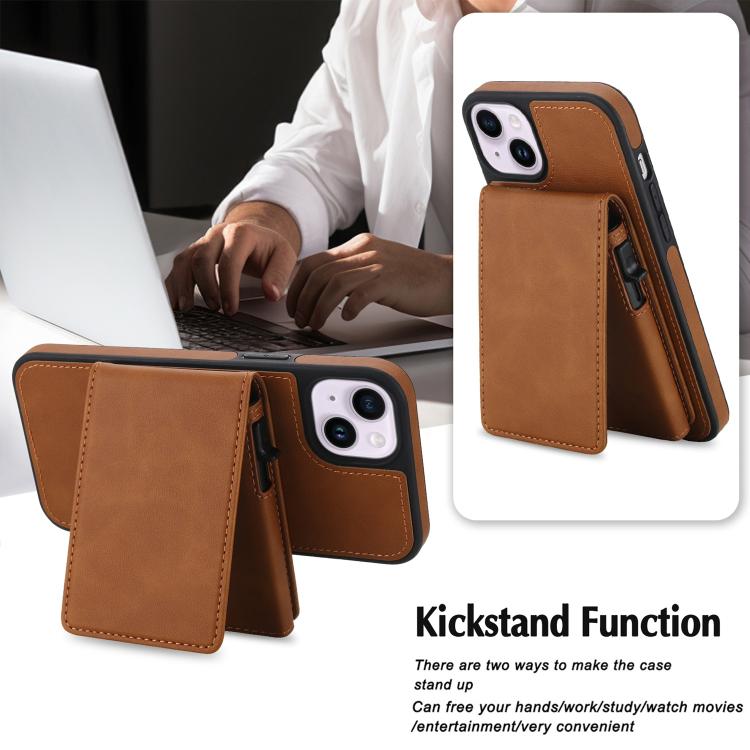For iPhone 15 Retro Faux Leather Detachable Spring Loaded Card Bag Magnetic RFID Phone Case