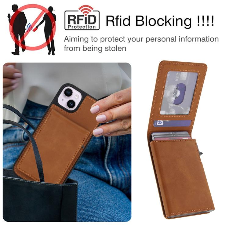 For iPhone 15 Retro Faux Leather Detachable Spring Loaded Card Bag Magnetic RFID Phone Case