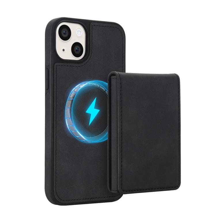 For iPhone 14 Plus Retro Faux Leather Detachable Spring Loaded Card Bag Magnetic RFID Phone Case