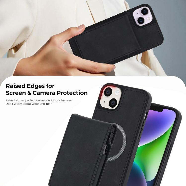 For iPhone 14 Plus Retro Faux Leather Detachable Spring Loaded Card Bag Magnetic RFID Phone Case