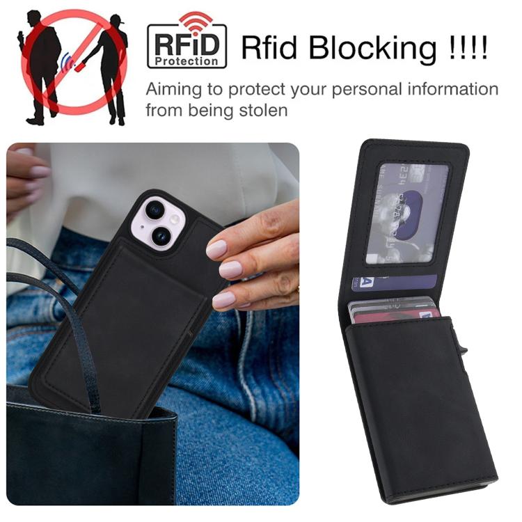 For iPhone 14 Plus Retro Faux Leather Detachable Spring Loaded Card Bag Magnetic RFID Phone Case