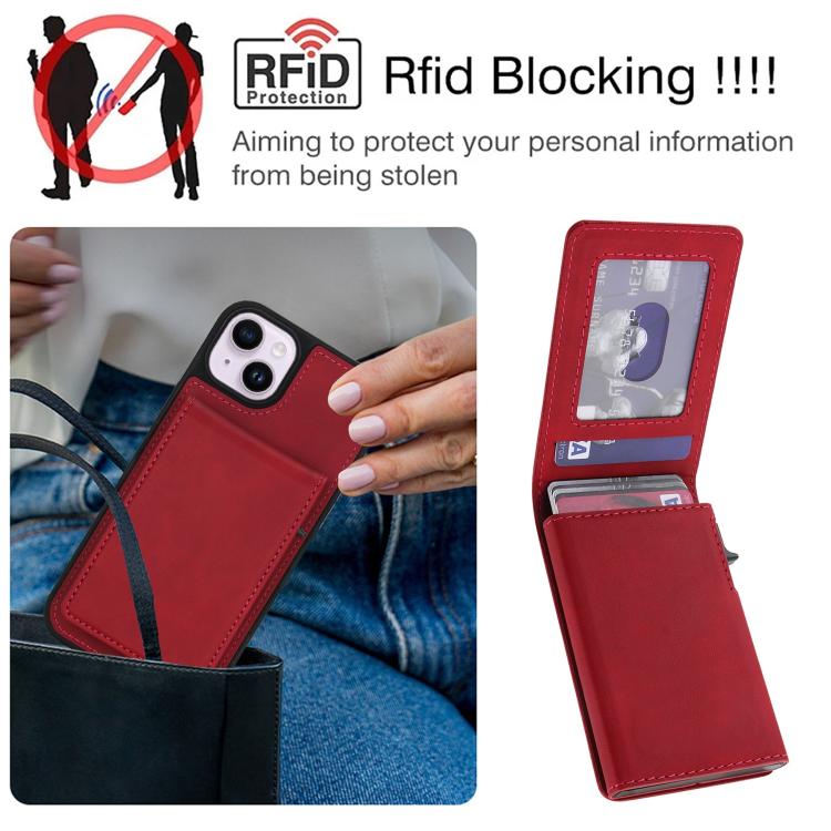 For iPhone 14 Plus Retro Faux Leather Detachable Spring Loaded Card Bag Magnetic RFID Phone Case
