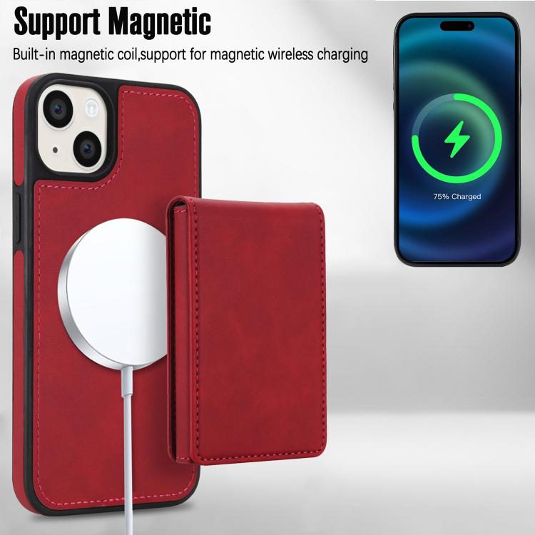 For iPhone 14 Plus Retro Faux Leather Detachable Spring Loaded Card Bag Magnetic RFID Phone Case