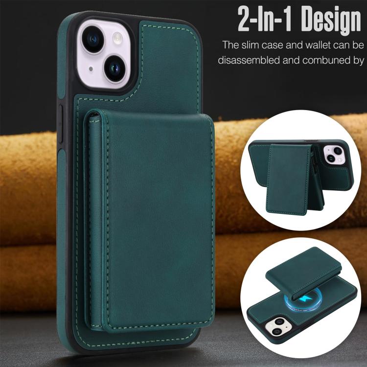 For iPhone 14 Plus Retro Faux Leather Detachable Spring Loaded Card Bag Magnetic RFID Phone Case