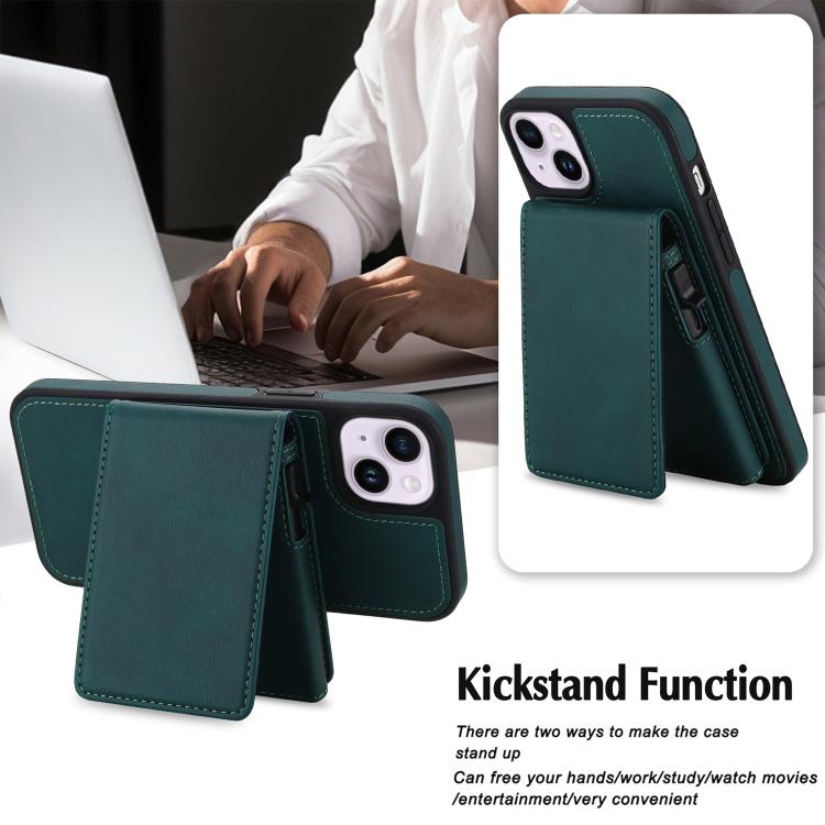 For iPhone 14 Plus Retro Faux Leather Detachable Spring Loaded Card Bag Magnetic RFID Phone Case