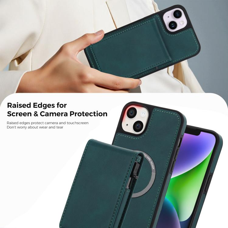 For iPhone 14 Plus Retro Faux Leather Detachable Spring Loaded Card Bag Magnetic RFID Phone Case