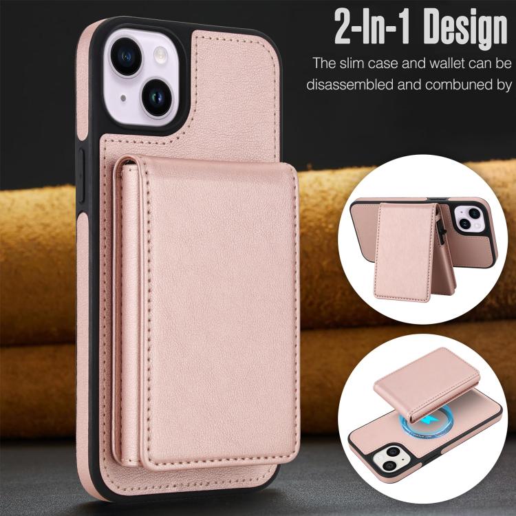 For iPhone 14 Plus Retro Faux Leather Detachable Spring Loaded Card Bag Magnetic RFID Phone Case