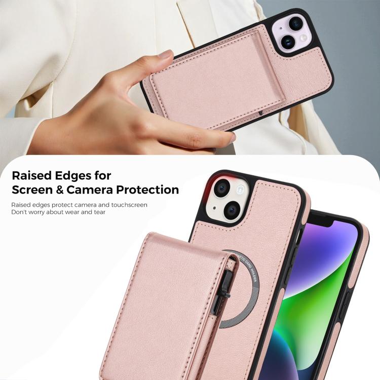 For iPhone 14 Plus Retro Faux Leather Detachable Spring Loaded Card Bag Magnetic RFID Phone Case