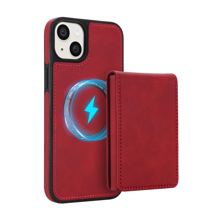 For iPhone 14 / 13 Retro Faux Leather Detachable Spring Loaded Card Bag Magnetic RFID Phone Case