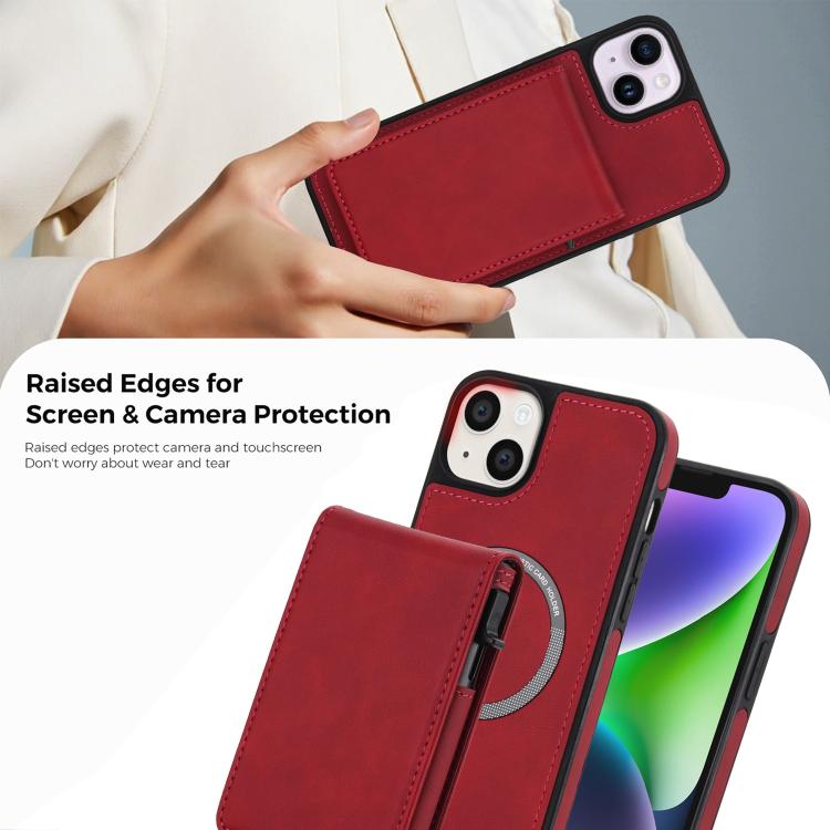 For iPhone 14 / 13 Retro Faux Leather Detachable Spring Loaded Card Bag Magnetic RFID Phone Case
