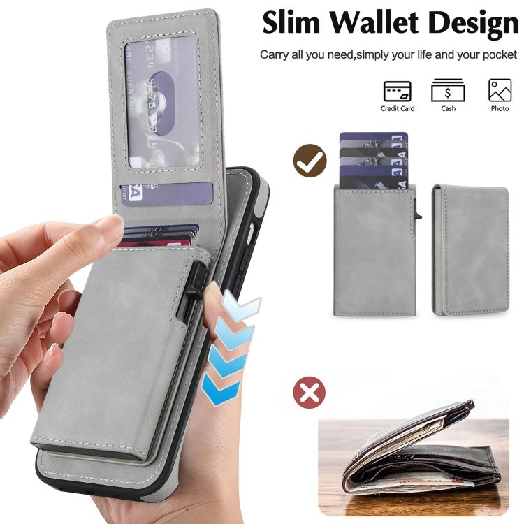 For iPhone 14 / 13 Retro Faux Leather Detachable Spring Loaded Card Bag Magnetic RFID Phone Case