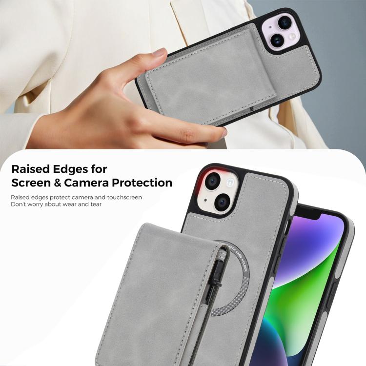 For iPhone 14 / 13 Retro Faux Leather Detachable Spring Loaded Card Bag Magnetic RFID Phone Case