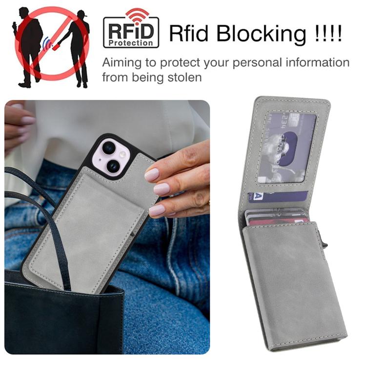 For iPhone 14 / 13 Retro Faux Leather Detachable Spring Loaded Card Bag Magnetic RFID Phone Case