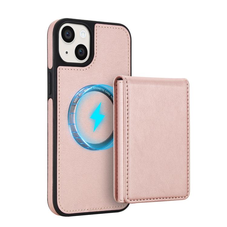 For iPhone 14 / 13 Retro Faux Leather Detachable Spring Loaded Card Bag Magnetic RFID Phone Case