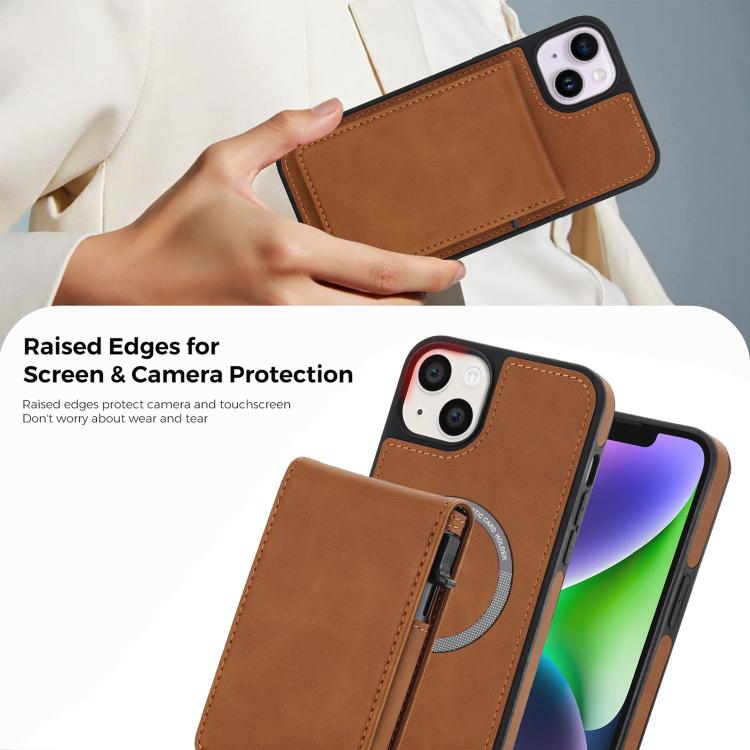 For iPhone 14 / 13 Retro Faux Leather Detachable Spring Loaded Card Bag Magnetic RFID Phone Case