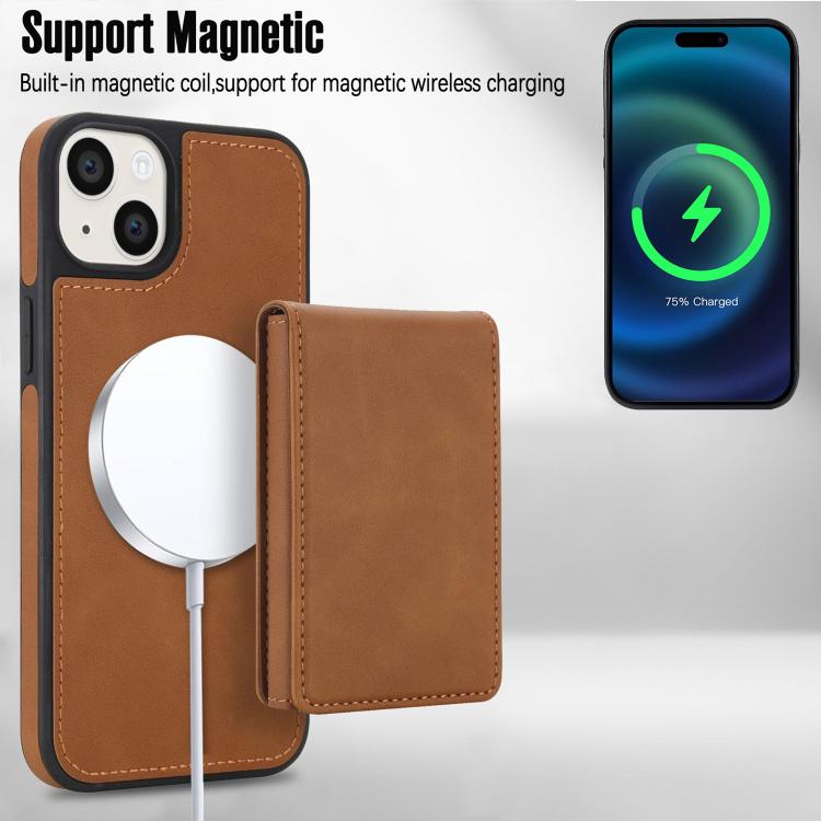 For iPhone 14 / 13 Retro Faux Leather Detachable Spring Loaded Card Bag Magnetic RFID Phone Case