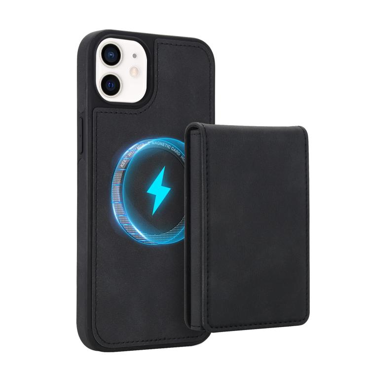 For iPhone 12 / 12 Pro Retro Faux Leather Detachable Spring Loaded Card Bag Magnetic RFID Phone Case