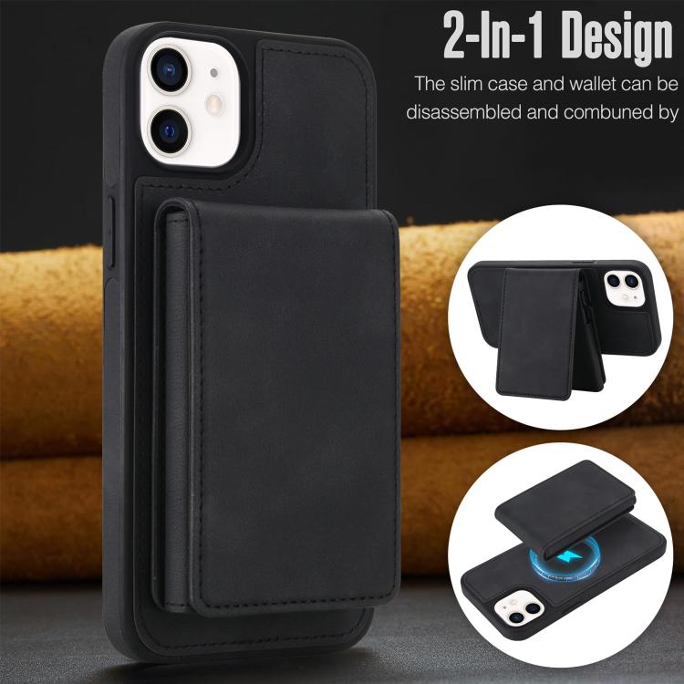 For iPhone 12 / 12 Pro Retro Faux Leather Detachable Spring Loaded Card Bag Magnetic RFID Phone Case
