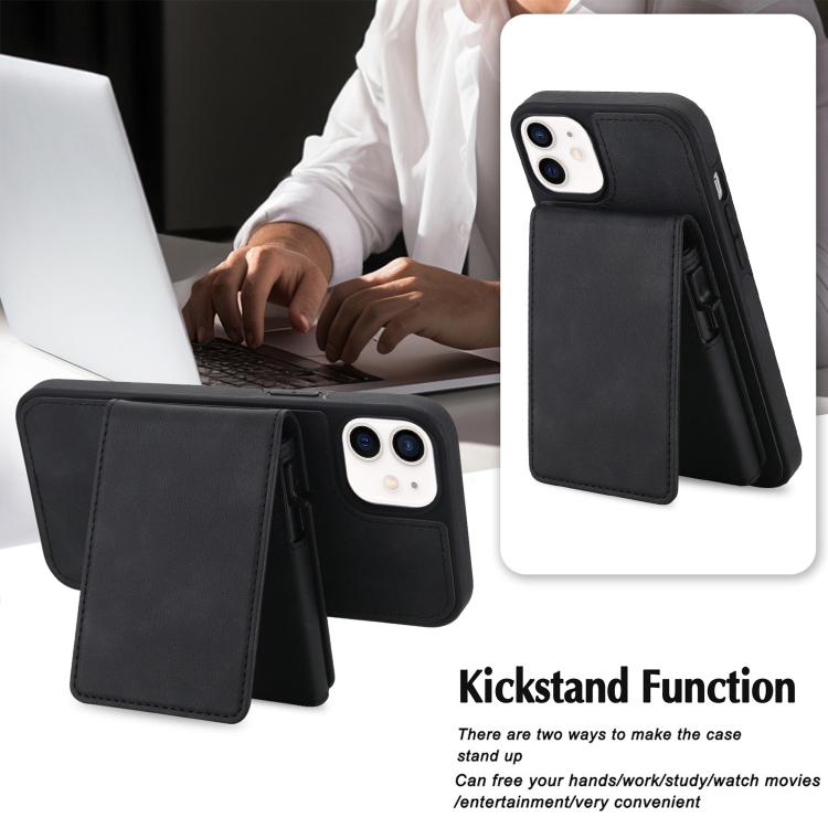 For iPhone 12 / 12 Pro Retro Faux Leather Detachable Spring Loaded Card Bag Magnetic RFID Phone Case
