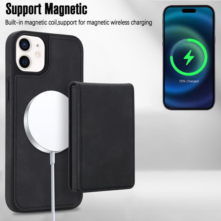For iPhone 12 / 12 Pro Retro Faux Leather Detachable Spring Loaded Card Bag Magnetic RFID Phone Case