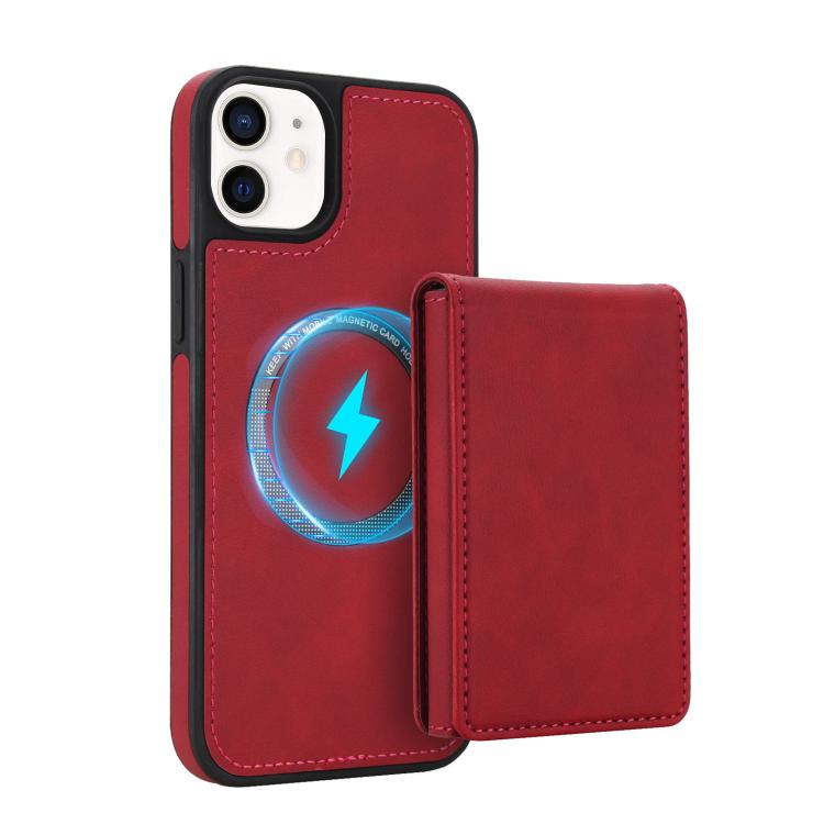 For iPhone 12 / 12 Pro Retro Faux Leather Detachable Spring Loaded Card Bag Magnetic RFID Phone Case