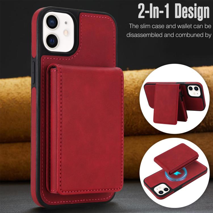 For iPhone 12 / 12 Pro Retro Faux Leather Detachable Spring Loaded Card Bag Magnetic RFID Phone Case