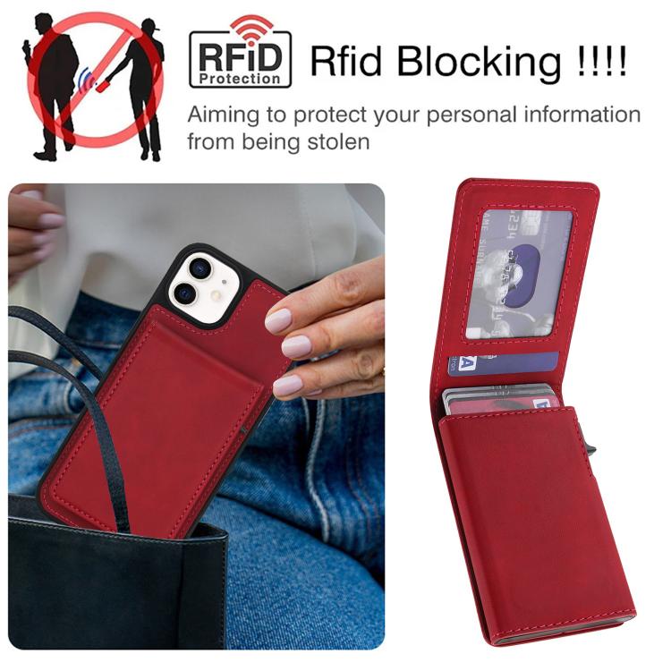 For iPhone 12 / 12 Pro Retro Faux Leather Detachable Spring Loaded Card Bag Magnetic RFID Phone Case