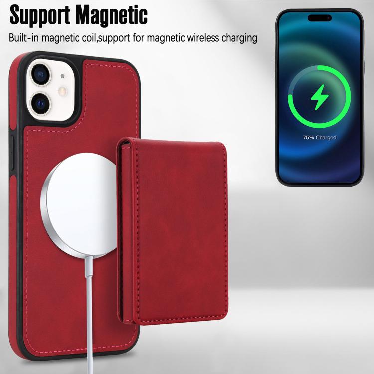 For iPhone 12 / 12 Pro Retro Faux Leather Detachable Spring Loaded Card Bag Magnetic RFID Phone Case
