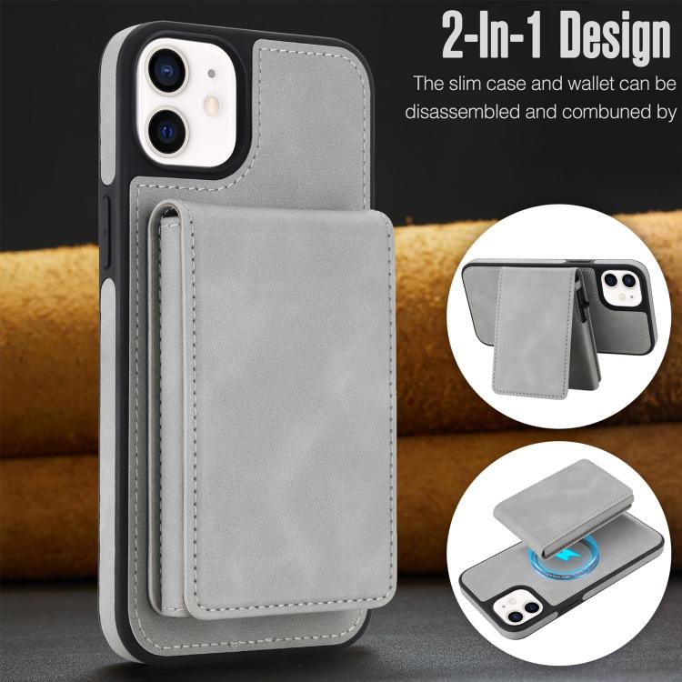 For iPhone 12 / 12 Pro Retro Faux Leather Detachable Spring Loaded Card Bag Magnetic RFID Phone Case
