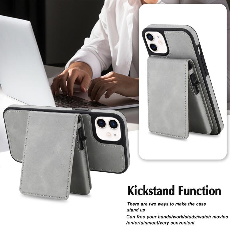 For iPhone 12 / 12 Pro Retro Faux Leather Detachable Spring Loaded Card Bag Magnetic RFID Phone Case