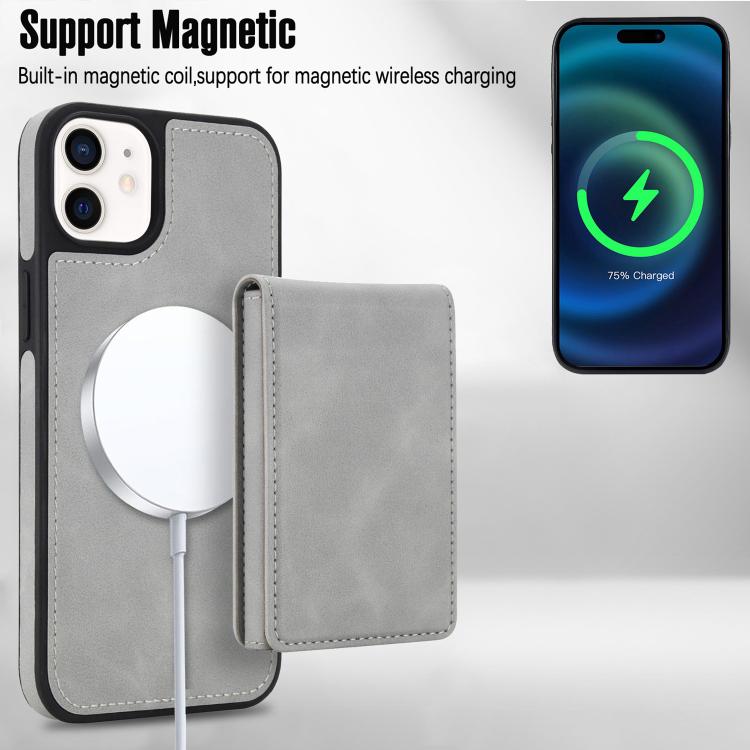 For iPhone 12 / 12 Pro Retro Faux Leather Detachable Spring Loaded Card Bag Magnetic RFID Phone Case