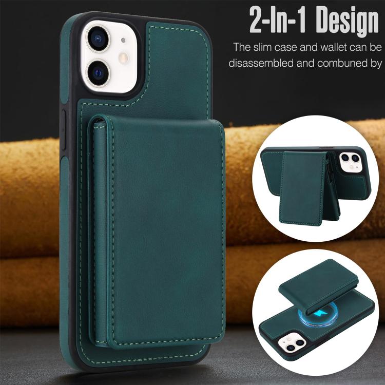 For iPhone 12 / 12 Pro Retro Faux Leather Detachable Spring Loaded Card Bag Magnetic RFID Phone Case