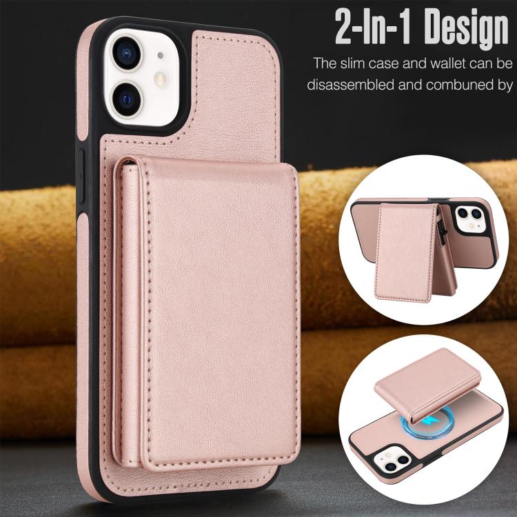 For iPhone 12 / 12 Pro Retro Faux Leather Detachable Spring Loaded Card Bag Magnetic RFID Phone Case
