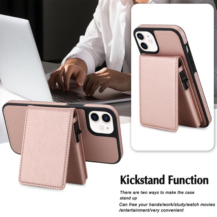 For iPhone 12 / 12 Pro Retro Faux Leather Detachable Spring Loaded Card Bag Magnetic RFID Phone Case