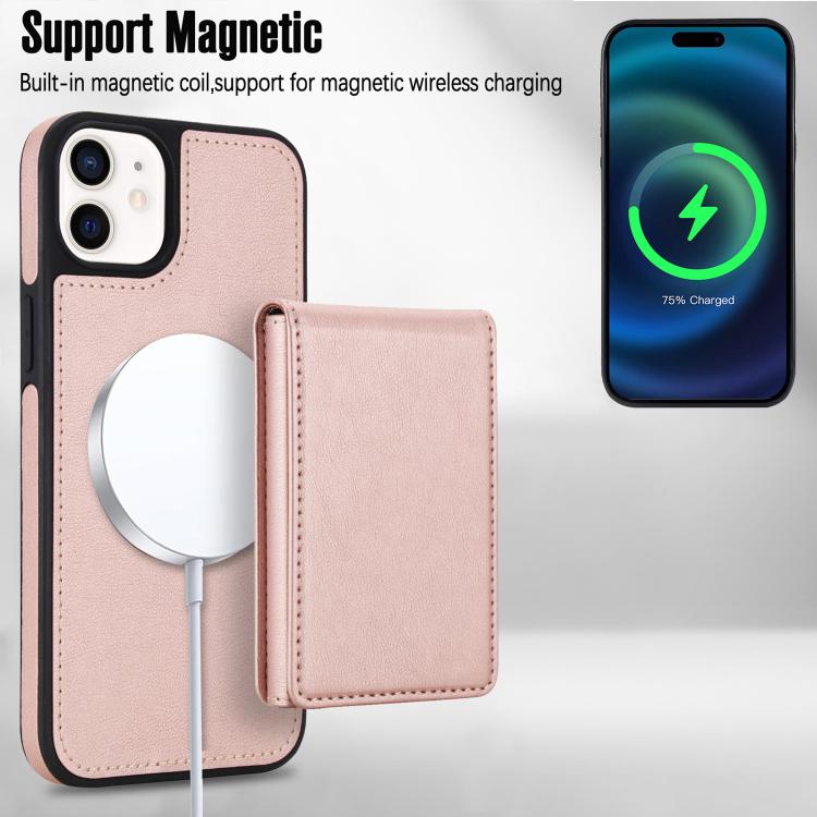 For iPhone 12 / 12 Pro Retro Faux Leather Detachable Spring Loaded Card Bag Magnetic RFID Phone Case