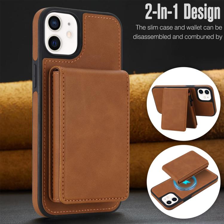 For iPhone 12 / 12 Pro Retro Faux Leather Detachable Spring Loaded Card Bag Magnetic RFID Phone Case
