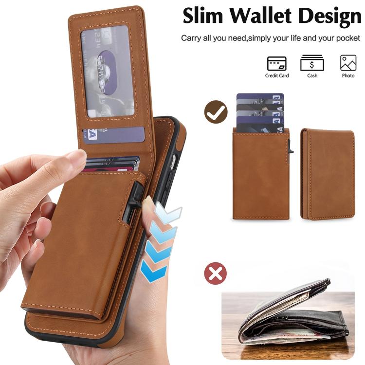 For iPhone 12 / 12 Pro Retro Faux Leather Detachable Spring Loaded Card Bag Magnetic RFID Phone Case