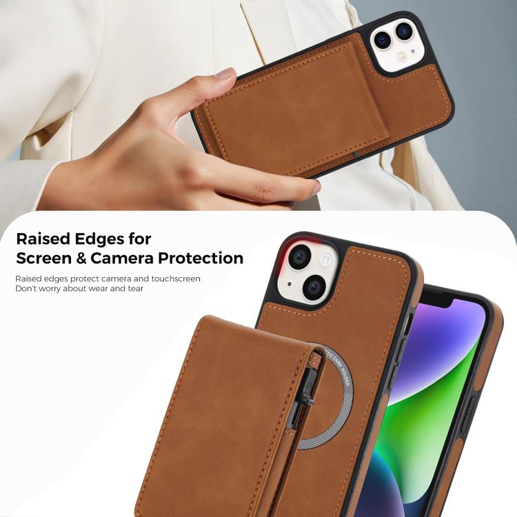 For iPhone 12 / 12 Pro Retro Faux Leather Detachable Spring Loaded Card Bag Magnetic RFID Phone Case
