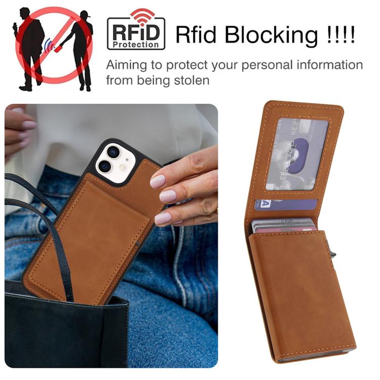 For iPhone 12 / 12 Pro Retro Faux Leather Detachable Spring Loaded Card Bag Magnetic RFID Phone Case
