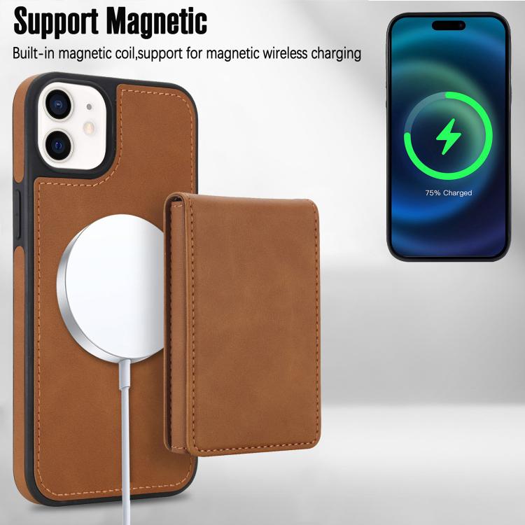 For iPhone 12 / 12 Pro Retro Faux Leather Detachable Spring Loaded Card Bag Magnetic RFID Phone Case