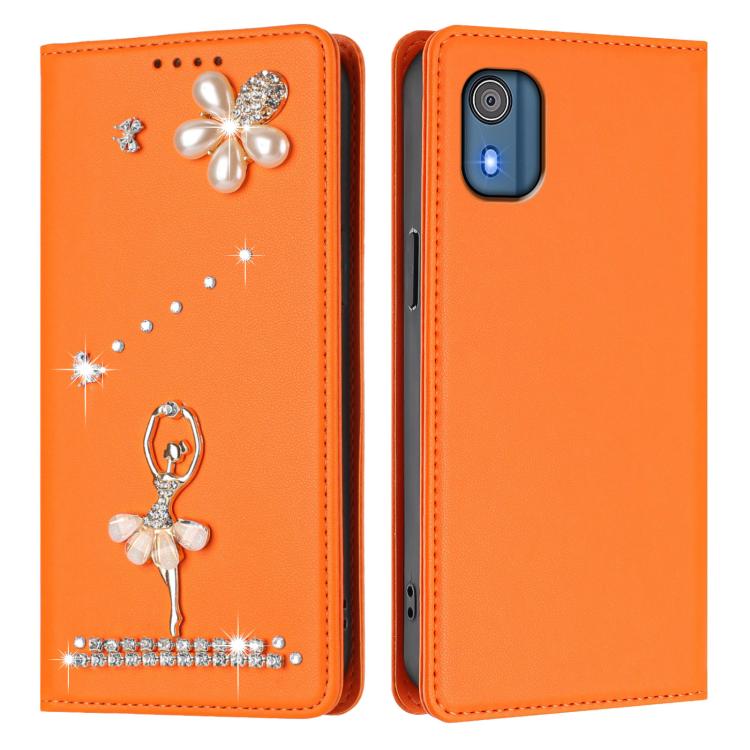 For Nokia C02 Ballet Girl Diamond Studded RFID Vegan Leather Phone Case