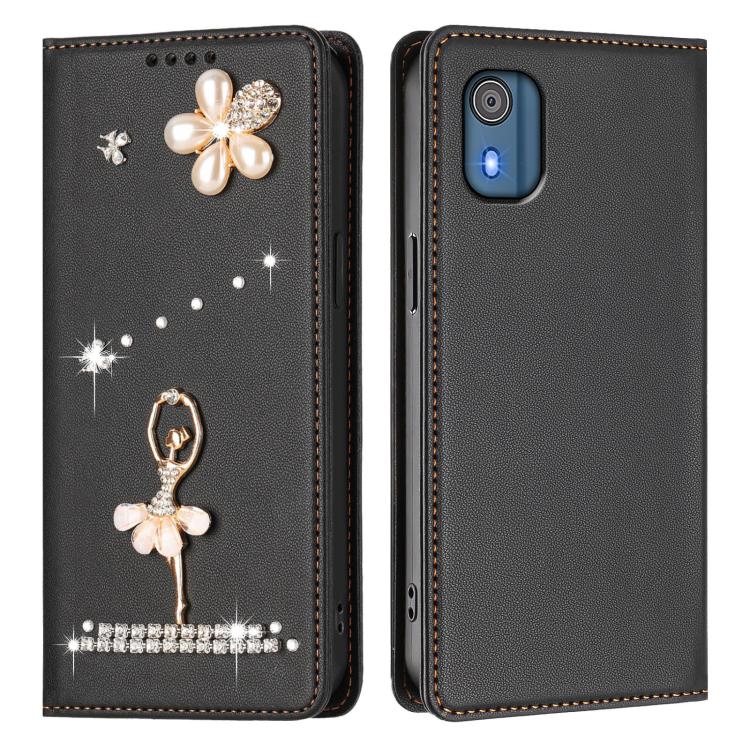 For Nokia C02 Ballet Girl Diamond Studded RFID Vegan Leather Phone Case
