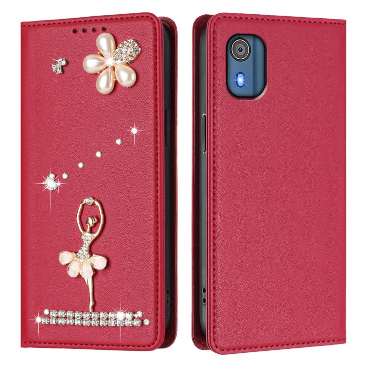 For Nokia C02 Ballet Girl Diamond Studded RFID Vegan Leather Phone Case