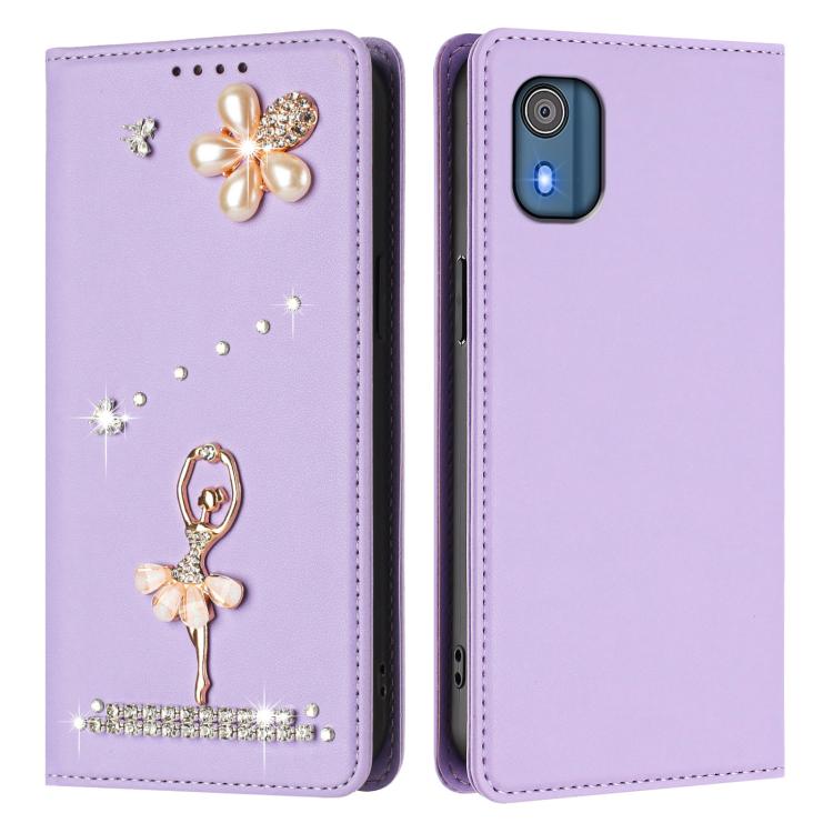 For Nokia C02 Ballet Girl Diamond Studded RFID Vegan Leather Phone Case