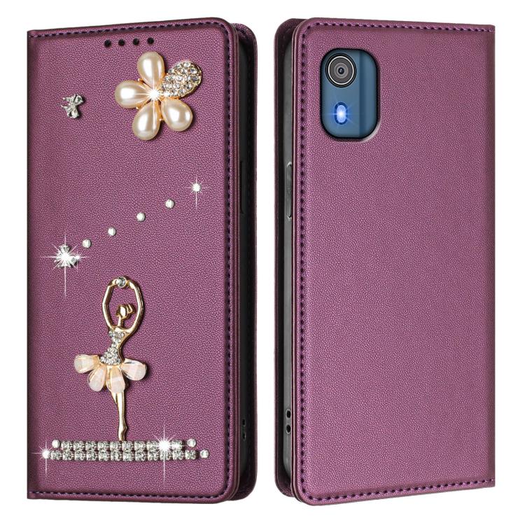 For Nokia C02 Ballet Girl Diamond Studded RFID Vegan Leather Phone Case