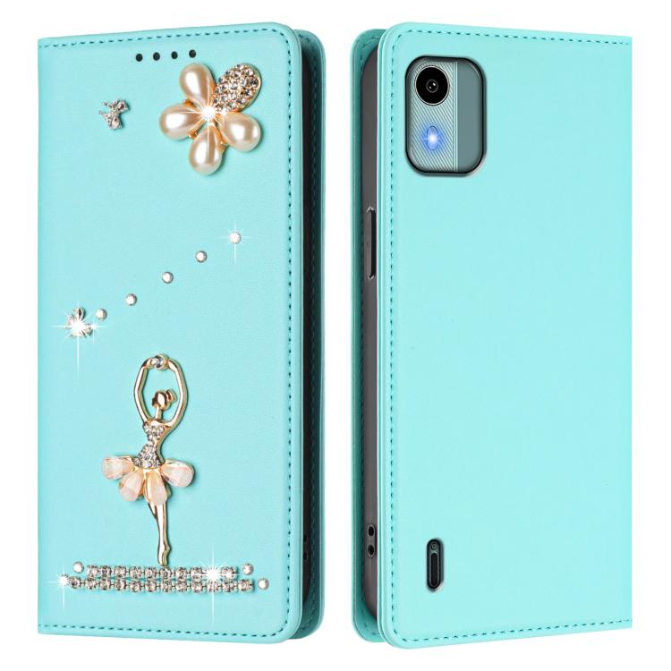 For Nokia C12 Ballet Girl Diamond Studded RFID Vegan Leather Phone Case