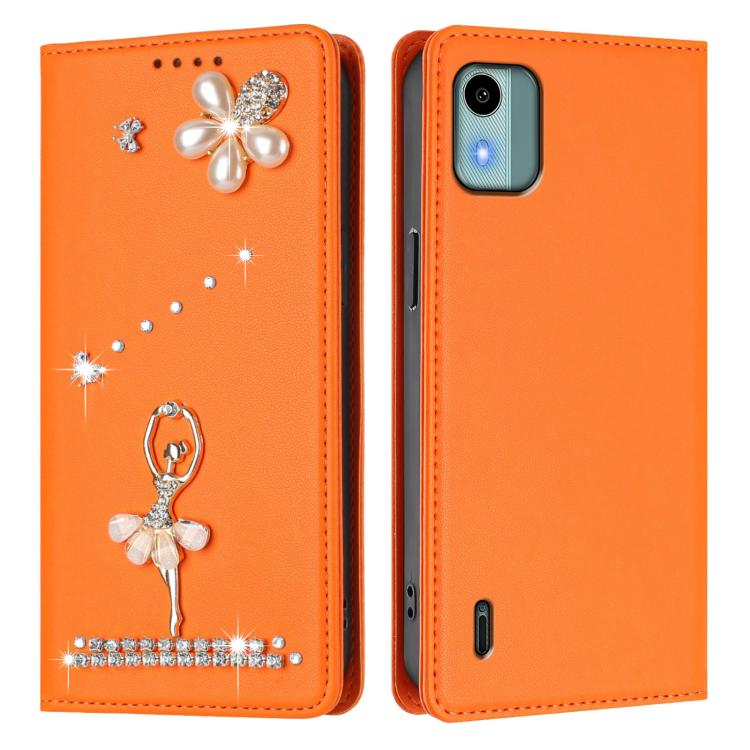 For Nokia C12 Ballet Girl Diamond Studded RFID Vegan Leather Phone Case