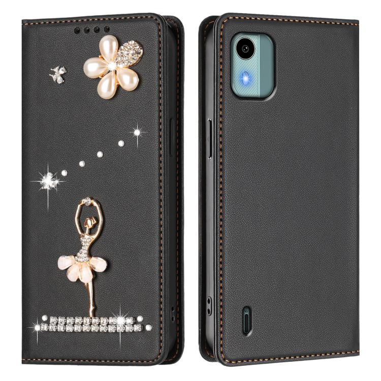 For Nokia C12 Ballet Girl Diamond Studded RFID Vegan Leather Phone Case