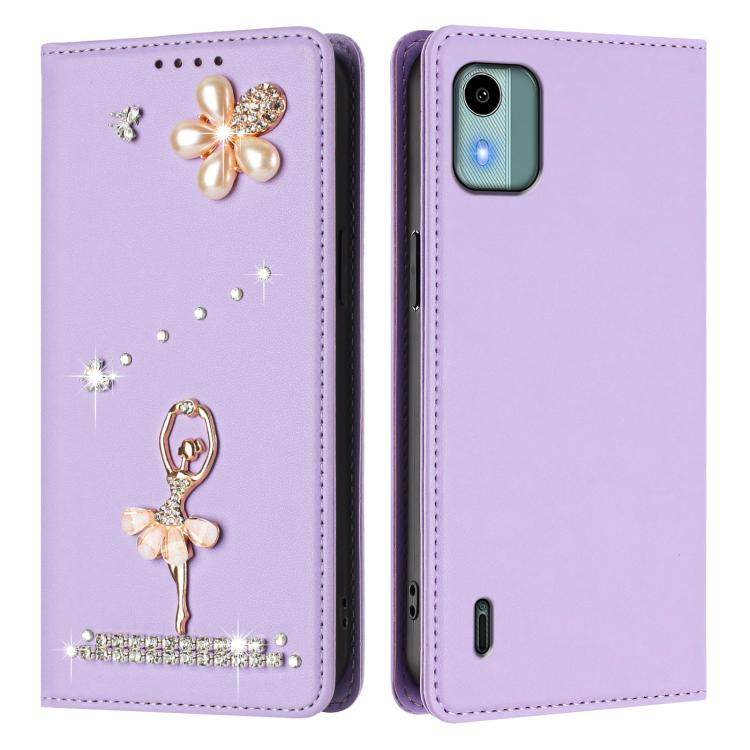 For Nokia C12 Ballet Girl Diamond Studded RFID Vegan Leather Phone Case