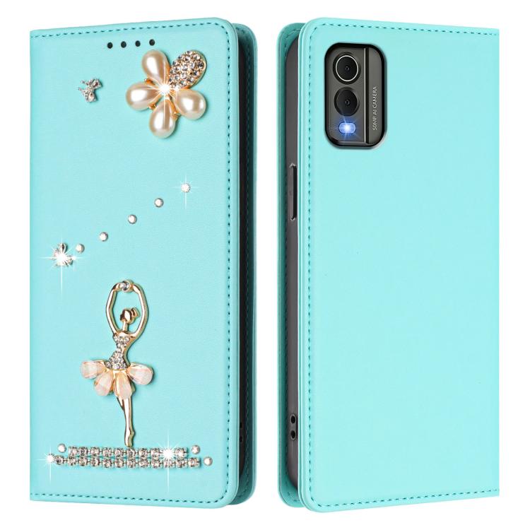 For Nokia C32 Ballet Girl Diamond Studded RFID Vegan Leather Phone Case